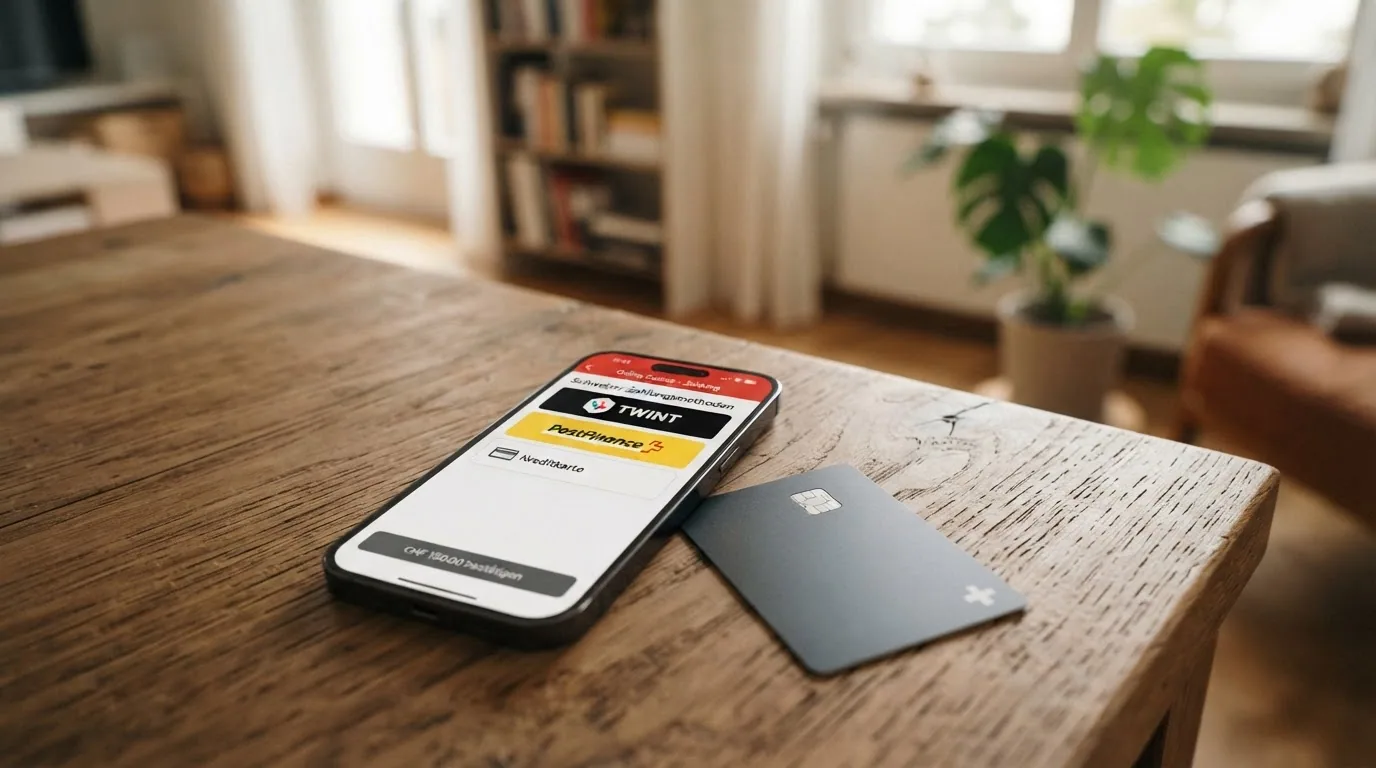Schweizer Smartphone mit TWINT-Logo auf dem Bildschirm, daneben eine PostFinance-Pay-Karte