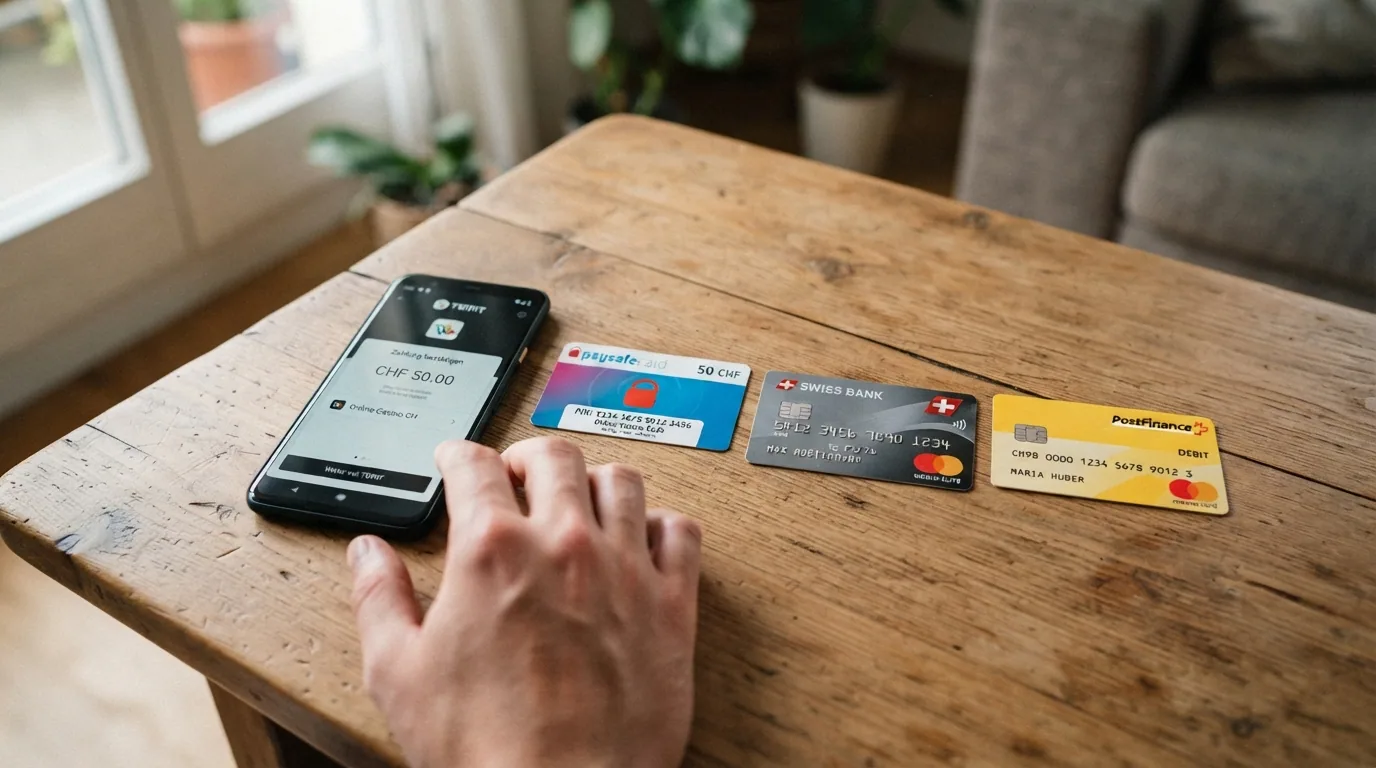 Schweizer Zahlungsmittel nebeneinander: TWINT-App, Paysafecard, Kreditkarte und PostFinance-Logo