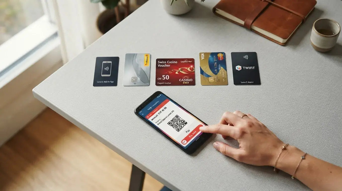 Die Logos von TWINT, PostFinance, Visa, Mastercard und Paysafecard in einer Reihe, darunter ein Smartphone mit geöffneter TWINT-App