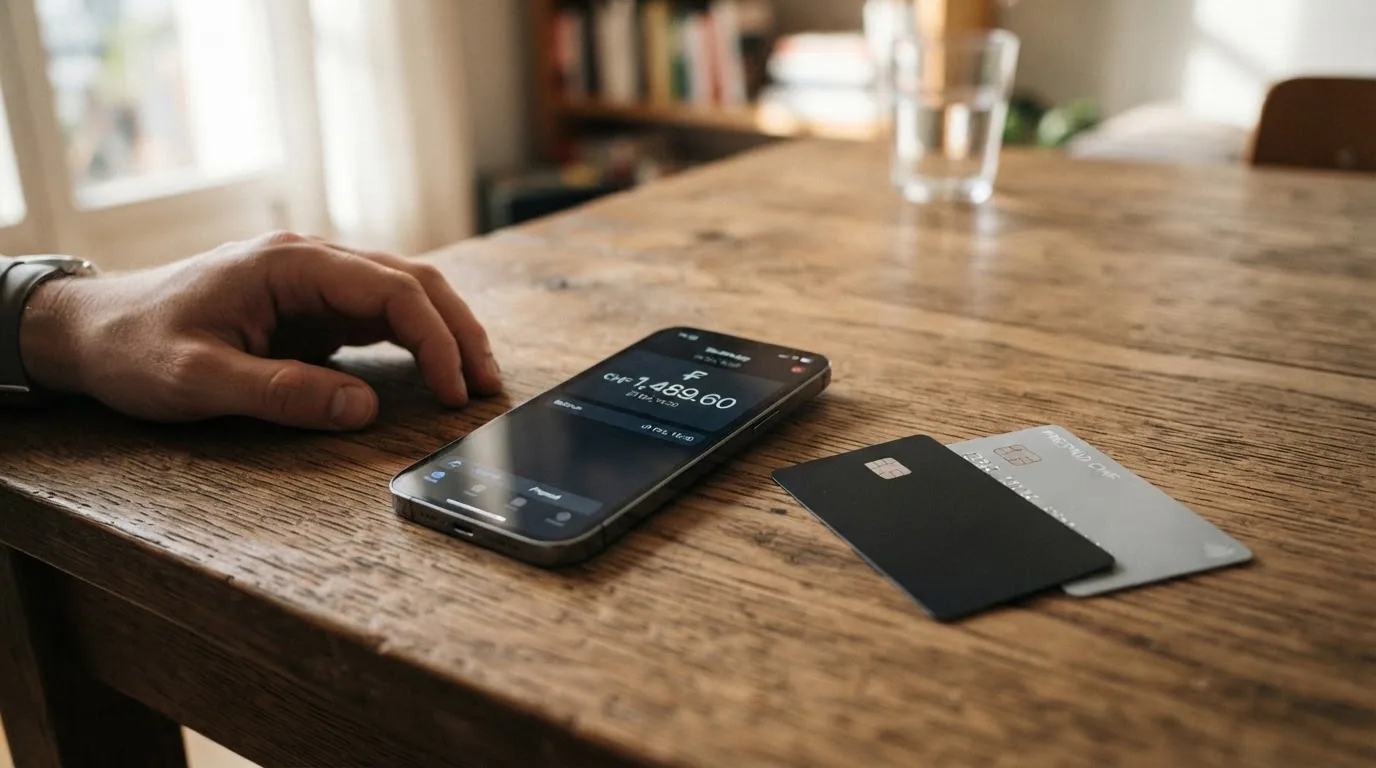 Schweizer Smartphone mit TWINT-Logo neben Paysafecard-Karte und Kreditkarte auf einem Tisch