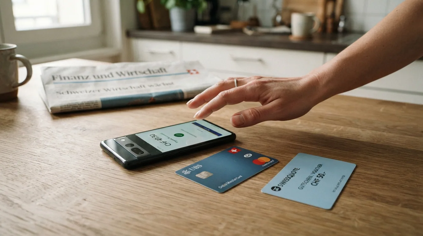 Eine Auswahl Schweizer Zahlungsmittel — TWINT-Logo, PostFinance-Karte, Paysafecard — auf einem Tisch