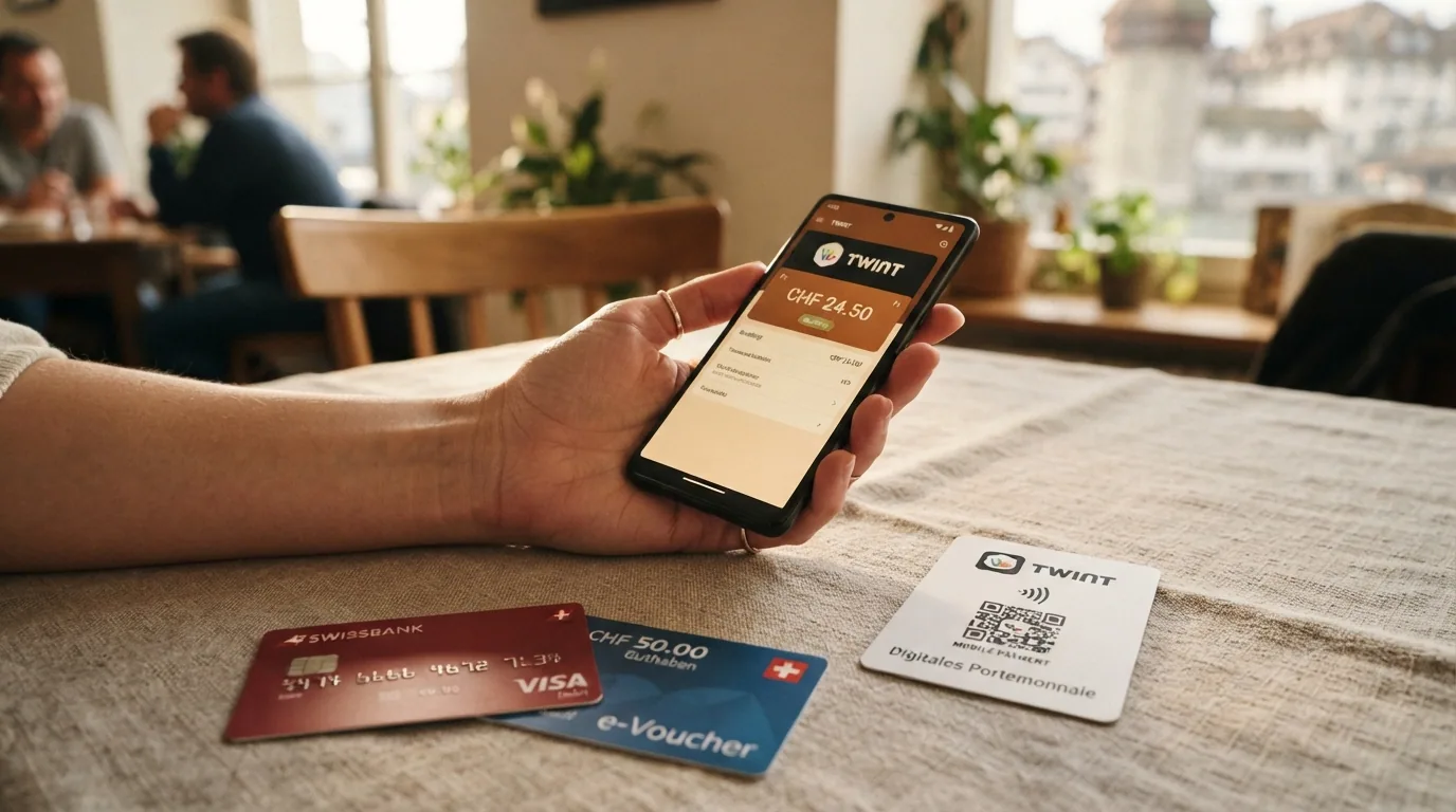 Eine Hand hält ein Smartphone mit geöffneter TWINT-App neben einer aufgefächerten Kollektion von Zahlungsmitteln: TWINT-Logo, PostFinance-Card, Paysafecard, Skrill-Logo.
