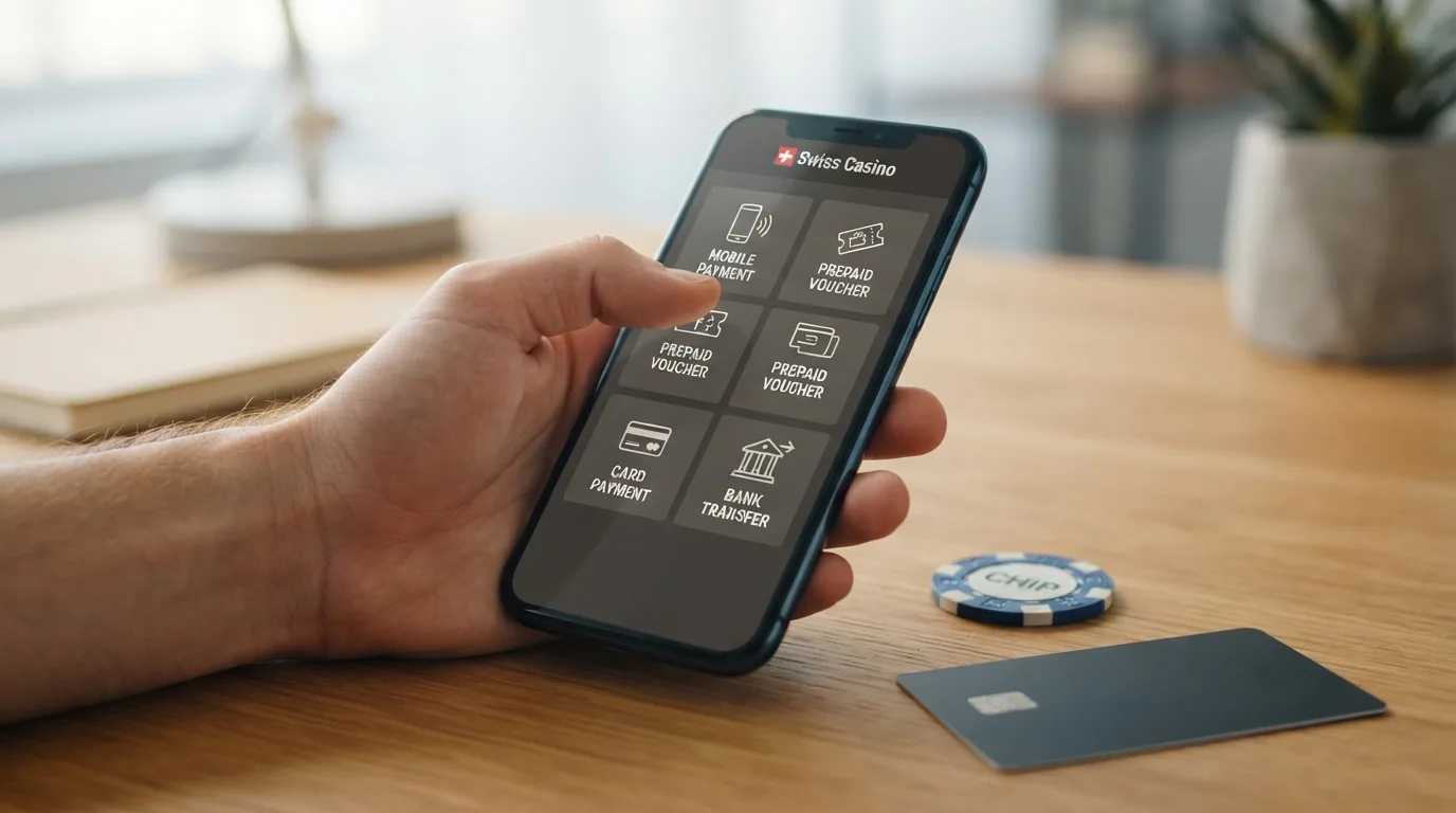 Eine Auswahl an Zahlungslogos auf einem Smartphone-Bildschirm: TWINT, Paysafecard, Visa, Mastercard und PostFinance
