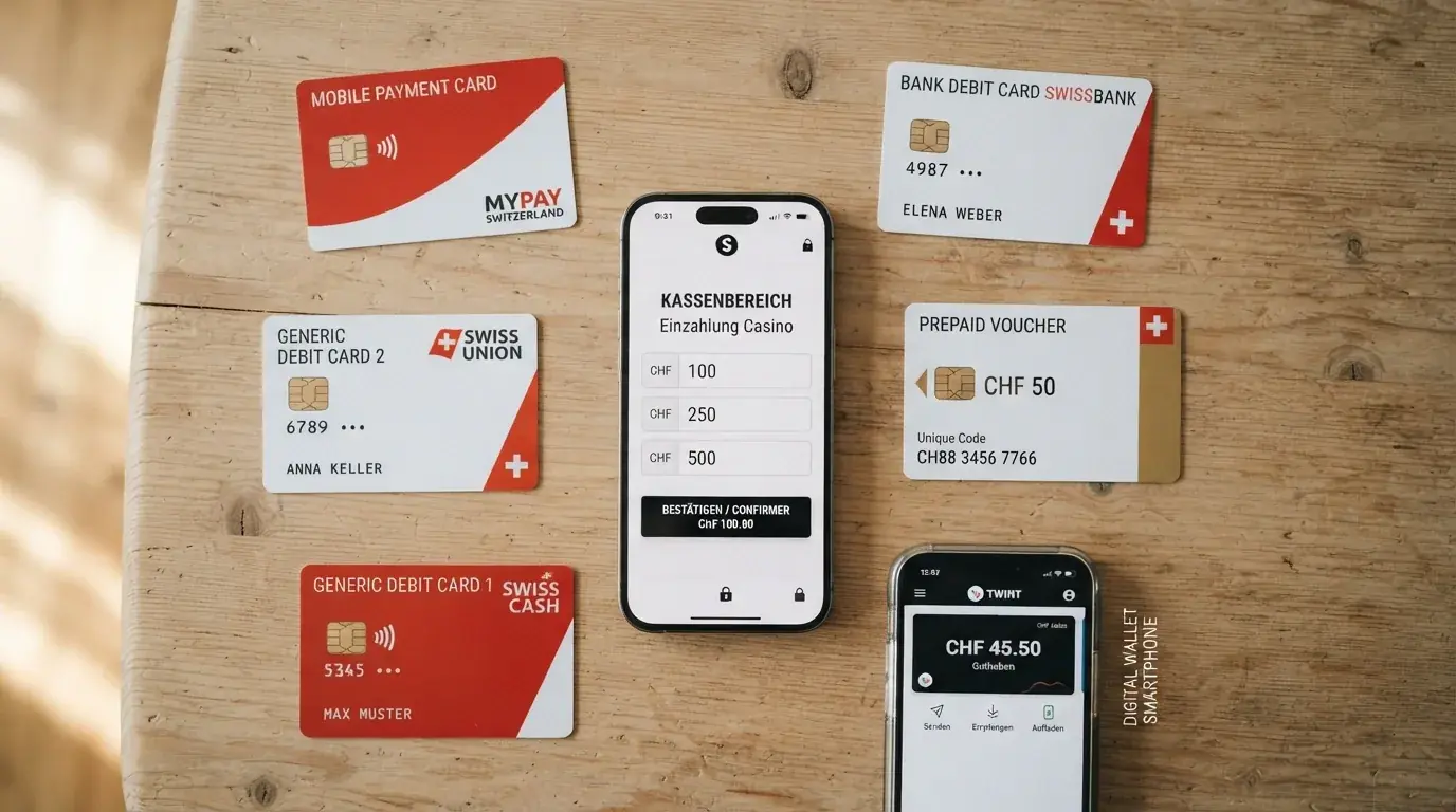 Collage der Zahlungslogos: TWINT, PostFinance, Paysafecard, Apple Pay, Visa und Mastercard
