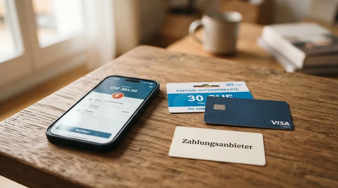 Verschiedene Zahlungsmittel – TWINT-App auf Smartphone, paysafecard-Gutschein, Kreditkarte und PostFinance-Logo – nebeneinander angeordnet